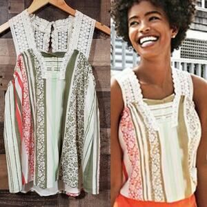 Cabi whisper gauze crochet tank top stripes and floral print woman's size‎ XS